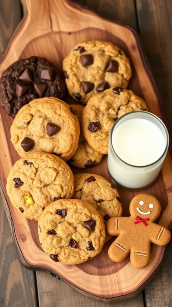 A rustic platter displaying six varieties of cookies: chocolate chip, double chocolate, peanut butter, oatmeal raisin, lemon, and gingerbread.